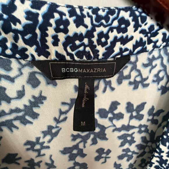 BCBGMaxazria Blue Paisley Floral Wrap Dress Midi Womens Med Navy Cream Feminine - Picture 8 of 15